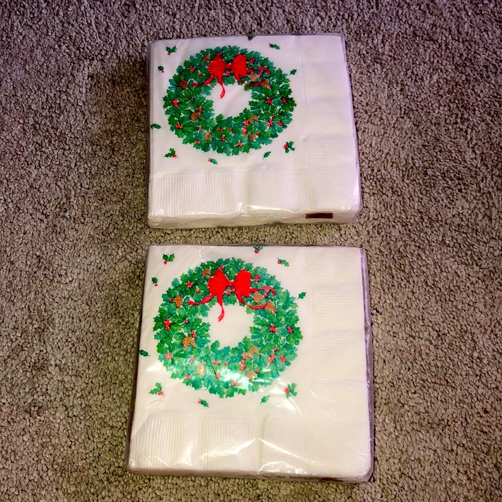 Hallmark‎ Vintage Deadstock Beverage Napkins Packs (2) Christmas Wreath Print